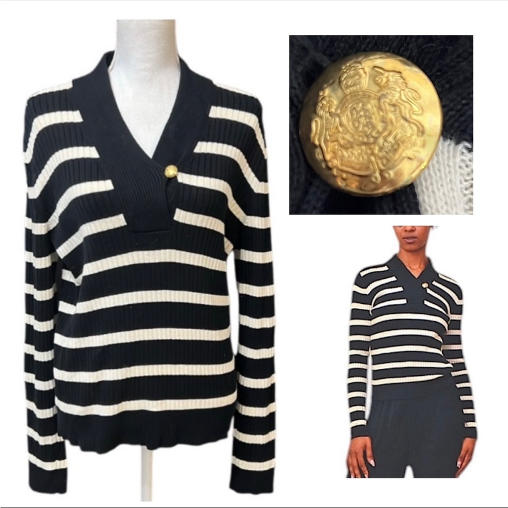 Lauren Ralph Lauren VTG Striped Cotton Sweater XL Gold Crest Button Preppy - Picture 2 of 9
